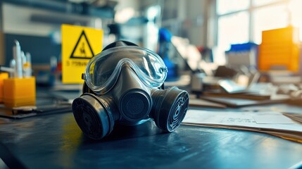 A gas mask placed on a desk, with safety signs and emergency equipment nearby