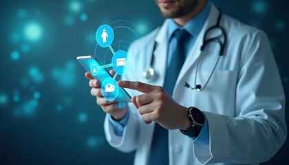A doctor interacts with a digital interface on a mobile phone for medical tasks