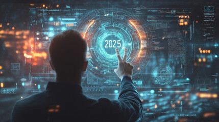 Navigating the Future: A futuristic concept depicting a businessman interacting with a holographic interface, showcasing the year 2025 as a focal point.  The scene evokes a sense of progress.