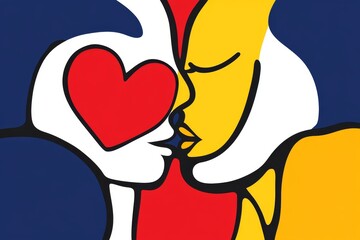 Colorful love illustration showing two figures kissing with a heart shape in the background