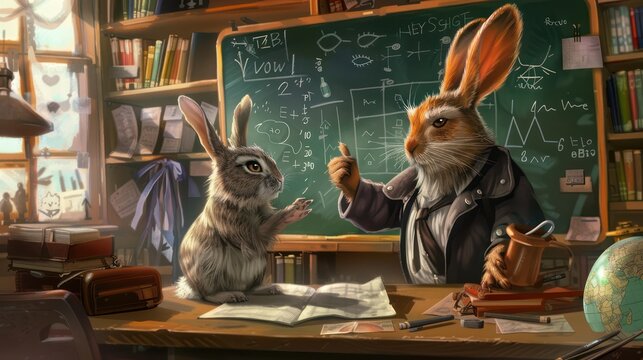 Professor Owl explains math with a pointer at the chalkboard while Student Rabbit raises a paw to ask a question. The classroom is filled with educational posters and cluttered desks.