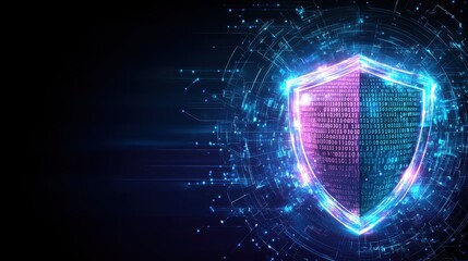 Cybersecurity Shield: A glowing digital shield, crafted from binary code and ethereal light, stands as a powerful symbol of online protection.