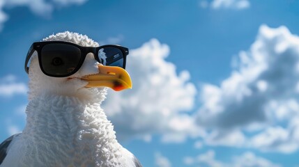 Seagull Wearing Sunglasses Against a Blue Sky