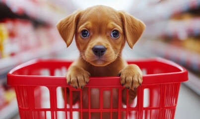 Adorable Brown Puppy in Red Shopping Basket at Grocery Store, Closeup Portrait with Big Eyes, Humorous and Cute Pet Expression for Shoppers and Animal Lovers, Generative AI
