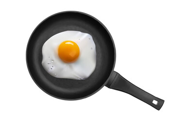 Realistic fried eggs in frying pan top view. 3d frying pan with fried egg