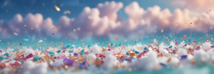multicolored confetti against a gradient turquoise sky with white fluffy clouds and soft focus bokeh, festive decor, playful scene, gentle haze