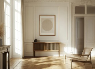 Design an interior of a modern room with a brown wooden console table, an armchair, and a beautiful plant in the corner on a parquet floor near a white wall with a poster frame mockup and elegant pers