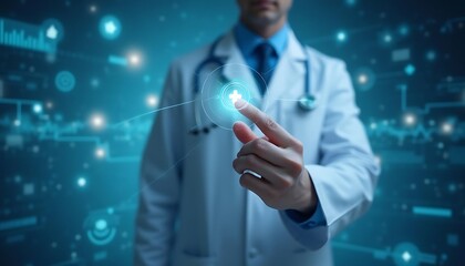Doctor interacting with a digital interface for a medical application, showing advanced technological progress in healthcare