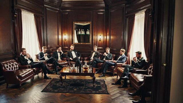 Multiethnic group of businessmen relaxing in luxurious vintage room, sitting on leather armchairs, enjoying cigars and aged whisky, discussing important matters in private club atmosphere