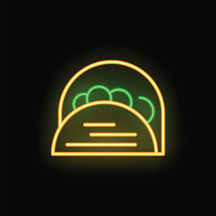 Neon sign depicting a taco with meat and vegetables, glowing brightly against a dark background