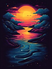 Vibrant Sunset Over Calm River Surrounded by Colorful Clouds
