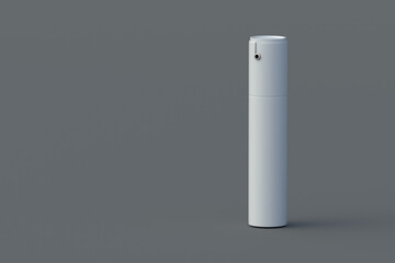 Modern deodorant spray bottle on gray background. Modern cylindrical can for freshener. Perfume container. Cosmetic accessories. Copy space. 3d render