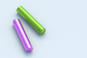 Scattered deodorant spray bottles on light gray background. Modern cylindrical can for freshener. Perfume container. Cosmetic accessories. Copy space. 3d render