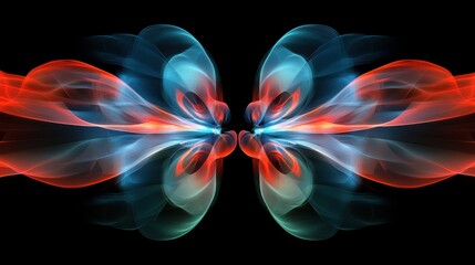 A digital art piece featuring light rays in red, blue, and green forming an abstract, symmetric pattern. The colorful lights give a sense of space travel.
