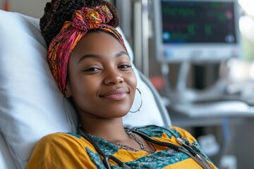 Young woman in hospital gown smiles warmly while resting on a bed in a modern medical facility