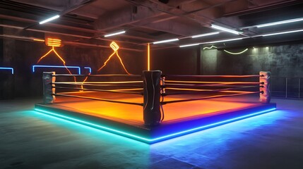 Neon Lit Boxing Ring in a Gritty Underground Setting