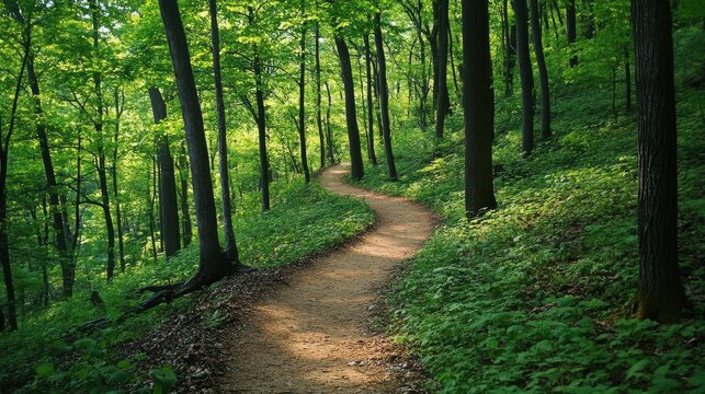 Serene forest path winding through lush green woods on a sunny day