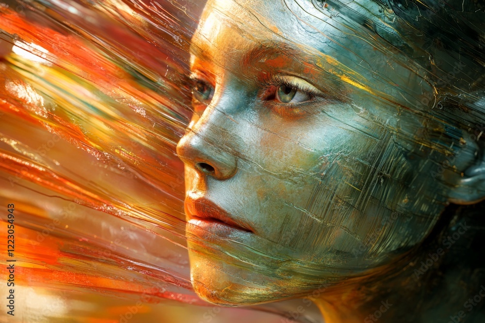 Poster artistic portrait of a woman with colorful brush strokes and striking features captured in an abstra