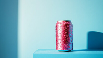 Bright pink can with droplets on a blue surface in a well-lit setting