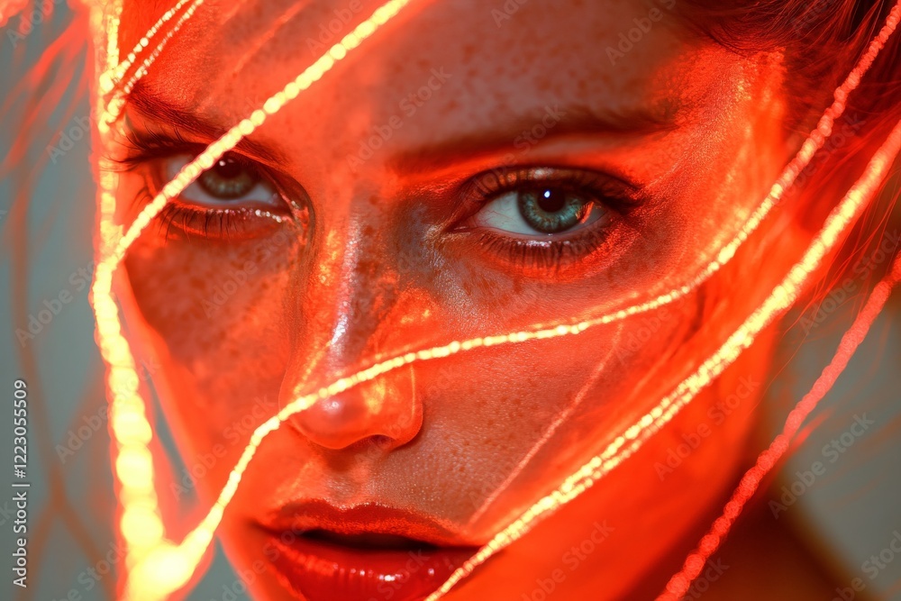 Poster close-up of a woman with striking freckles illuminated by vibrant red light in an artistic portrait 