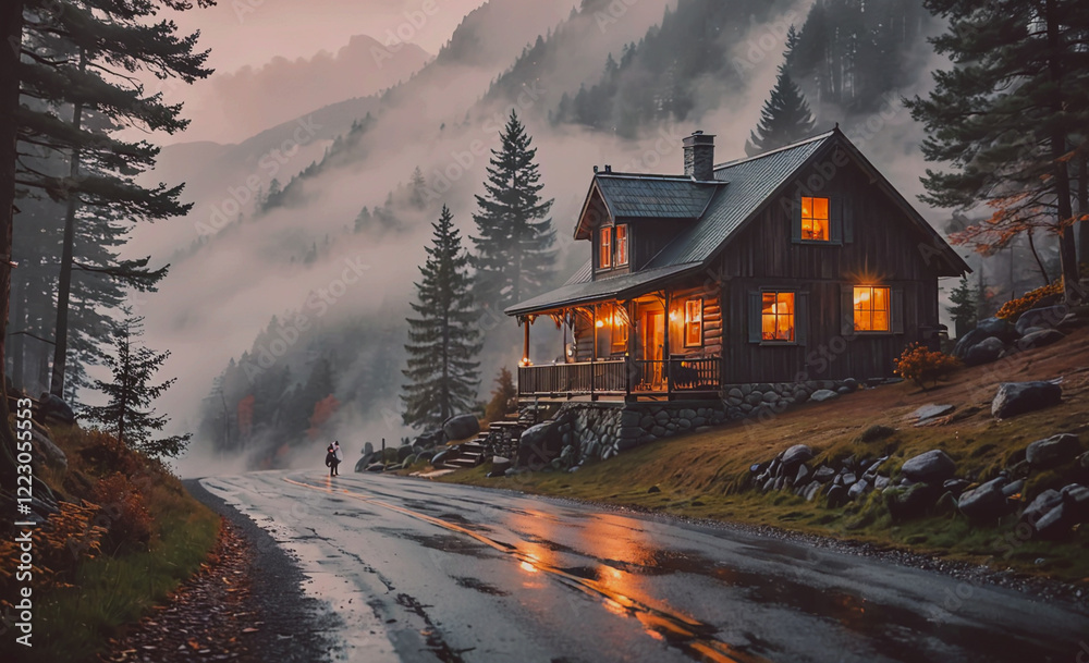 Aufkleber house with a porch and a road in front of it. the road is wet and the trees are covered in mist
