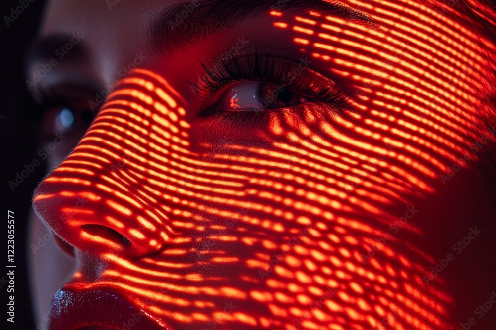 Poster Creative portrait with striking red light patterns illuminating a woman's face in an artistic display of shadows and textures