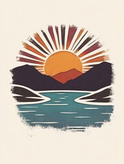 Obraz premium Serene Landscape with Sun Rising Over Calm Water and Mountains