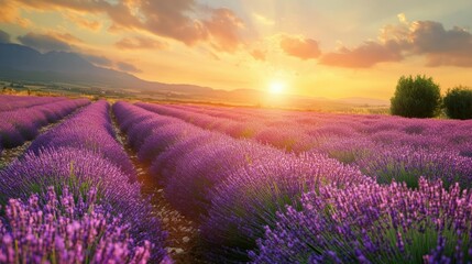 Naklejka premium Stunning lavender field at sunset with vibrant sky and rolling hills