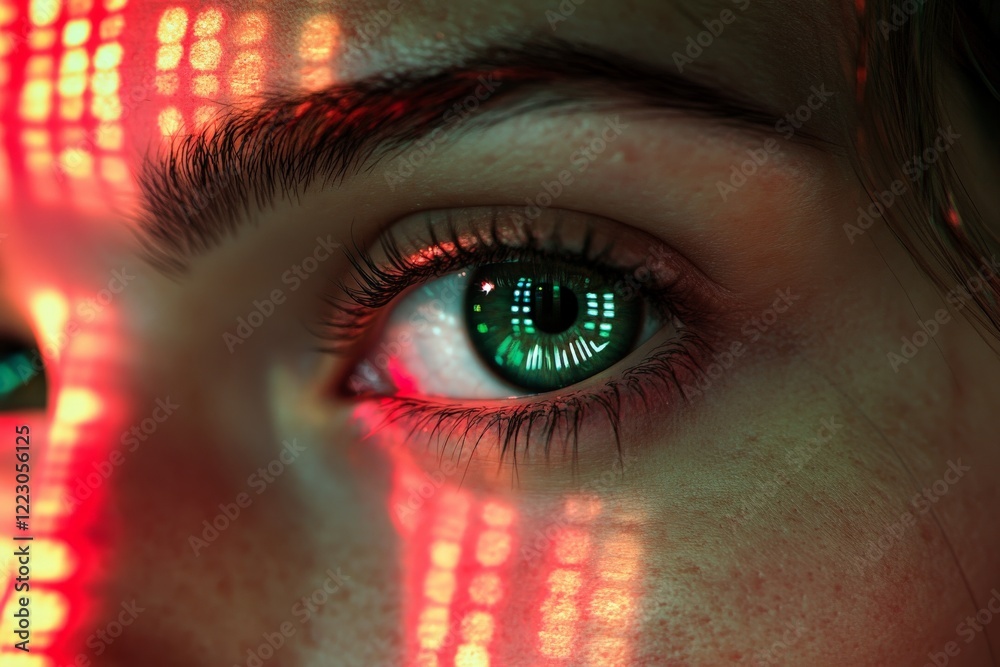 Aufkleber close-up of a human eye illuminated by colorful digital patterns in a modern setting, highlighting t