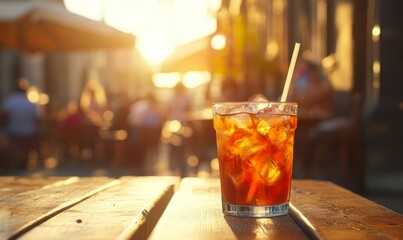 Refreshing Iced Americano Coffee in Tall Glass with Straw on Rustic Wooden Table, Inviting Caf? Ambiance with Ice Cubes and Fresh Mint, Ideal for Cool Summer Drink and Coffee Break Concept