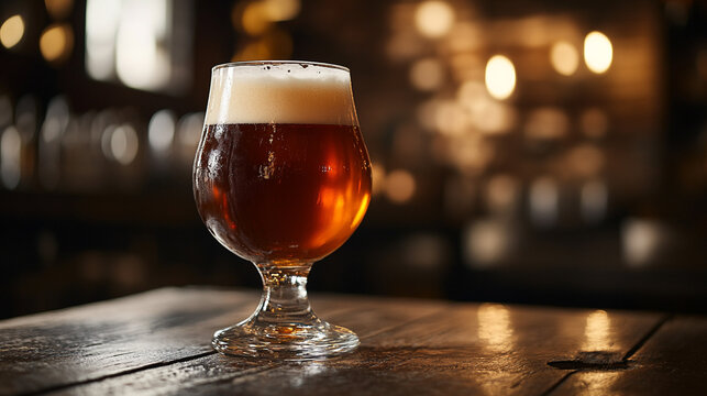 Craft beer in a glass sits on a rustic wooden table in a warm, cozy bar setting