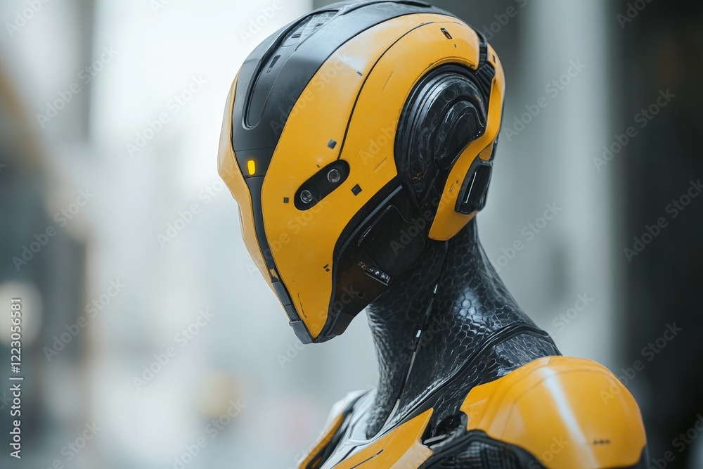 Poster humanoid robot with a sleek yellow design captured in an urban environment during daylight hours