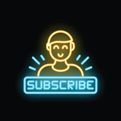 Happy neon influencer recommending to subscribe button on black background
