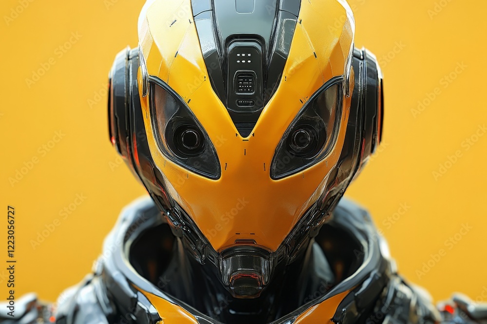 Poster futuristic robot with sleek design and vibrant yellow accents showcases advanced technology in an ur