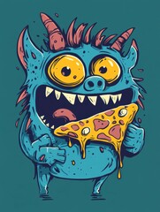 Cute Blue Monster Enjoying a Delicious Slice of Pizza
