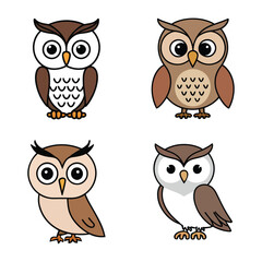 Cartoon owls displaying various poses and expressions, featuring playful designs and vibrant colors