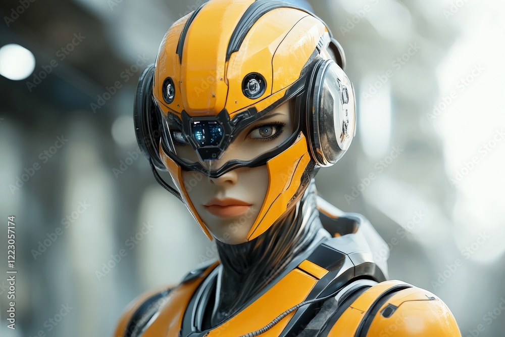 Aufkleber Futuristic humanoid robot with an orange and black design in an advanced urban setting exploring technology in modern society