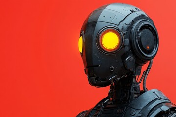 Robot with glowing eyes poses against a vibrant red background showcasing futuristic design and technology