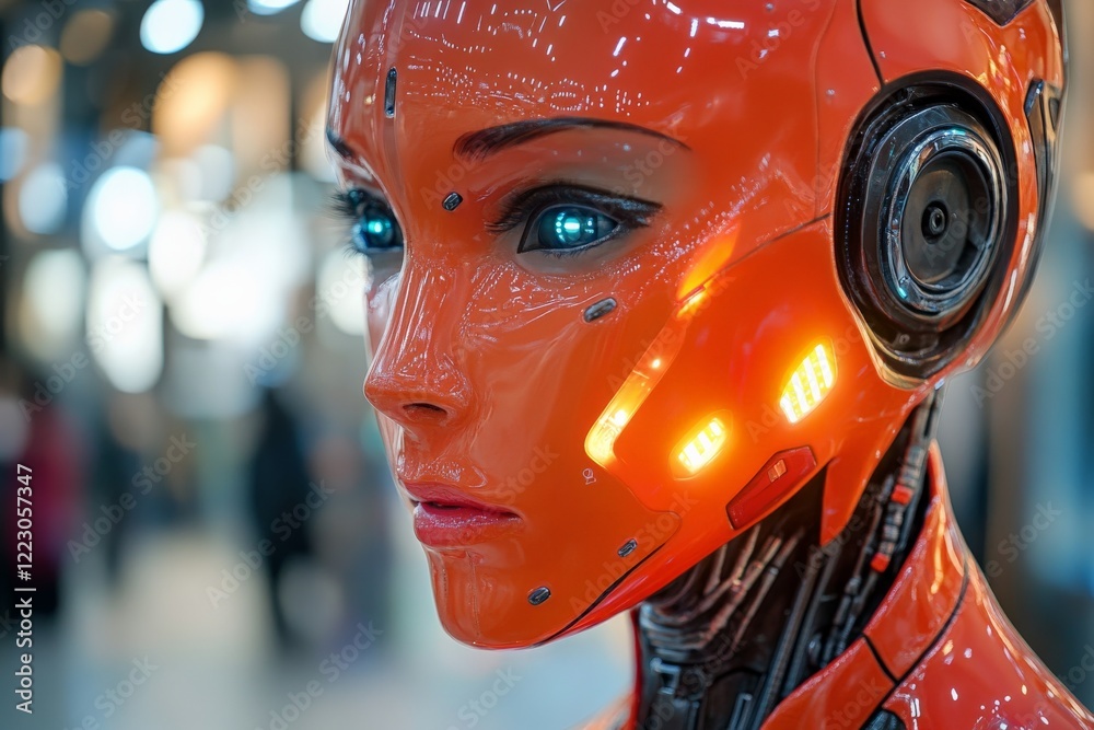 Poster robotic figure in vibrant orange design with glowing features and expressive blue eyes at a technolo