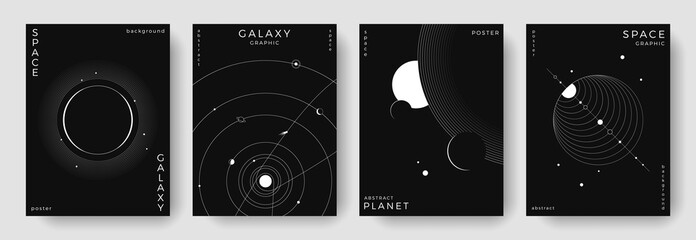 Set of abstract space astronomy backgrounds. Line art galaxy, solar system, planet, black hole. Science future concept. Cosmic minimalist design for cover, poster, layout, banner, flyer, brochure