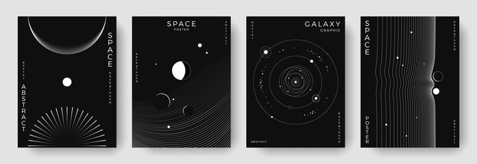 Set of abstract space astronomy backgrounds. Line art galaxy, universe, planet, solar system. Science future concept. Cosmic minimalist design for cover, poster, layout, banner, flyer, brochure © Anastasiya Stoma