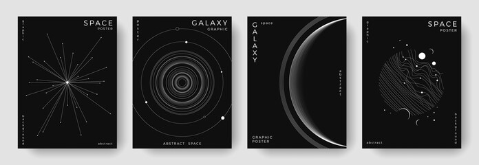 Set of abstract space astronomy backgrounds. Line art galaxy, meteorites, planet, solar system. Science future concept. Cosmic minimalist design for cover, poster, layout, banner, flyer, brochure © Anastasiya Stoma