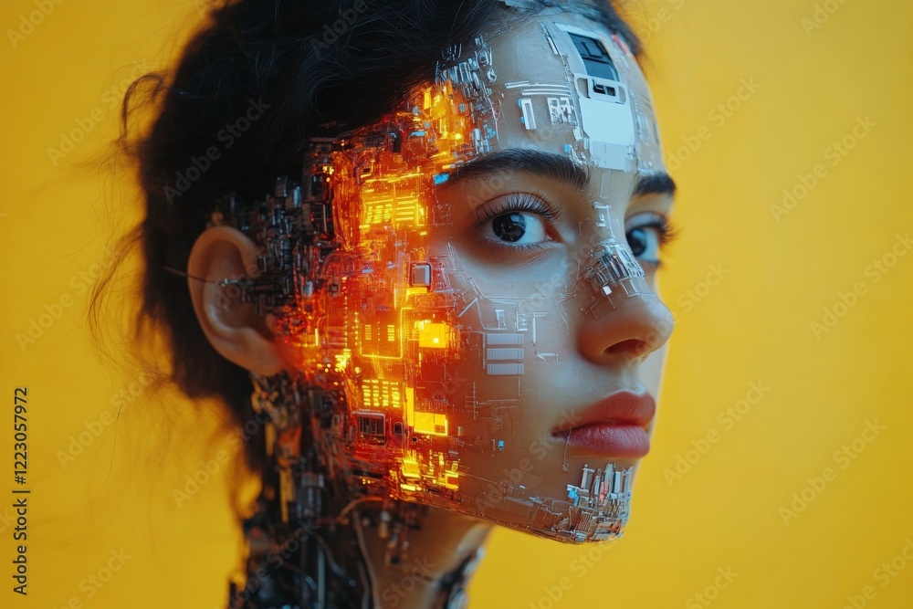 Poster digital fusion of human features and futuristic technology showcases intricate circuitry and vibrant
