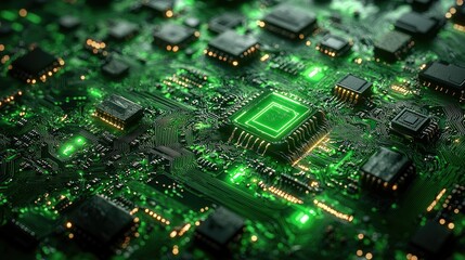 Obraz premium Illuminated Green Circuit Board Shows Central Processing Unit