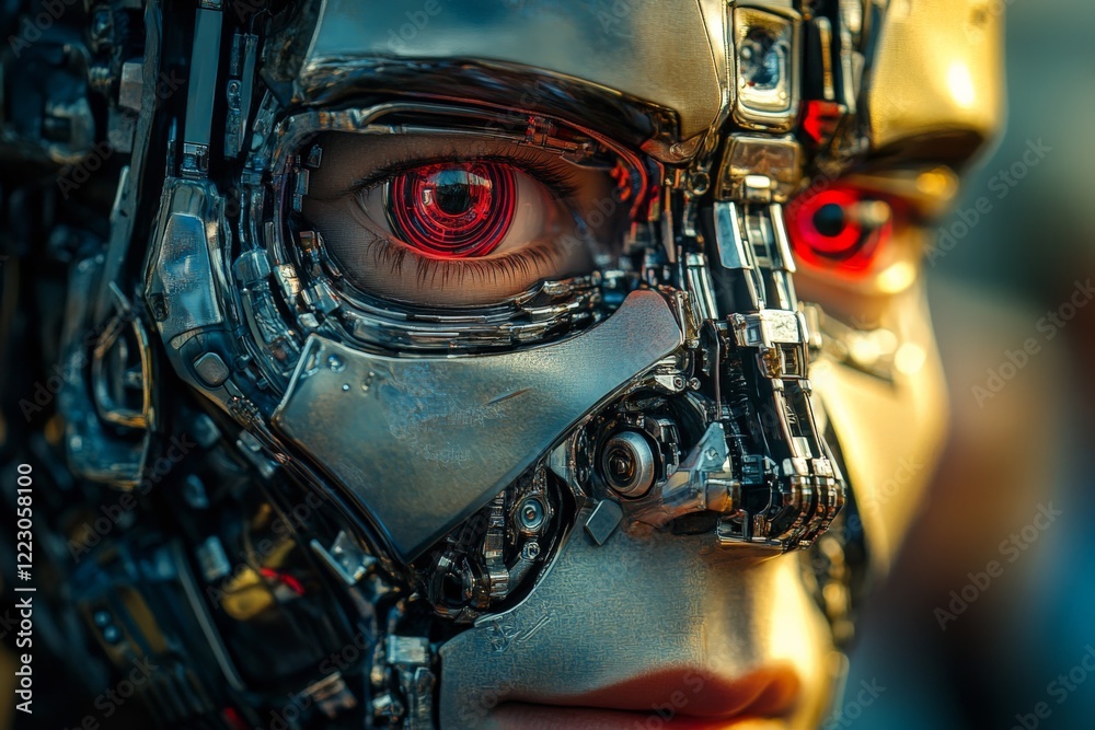 Aufkleber close-up view of a futuristic robotic face with glowing red eyes