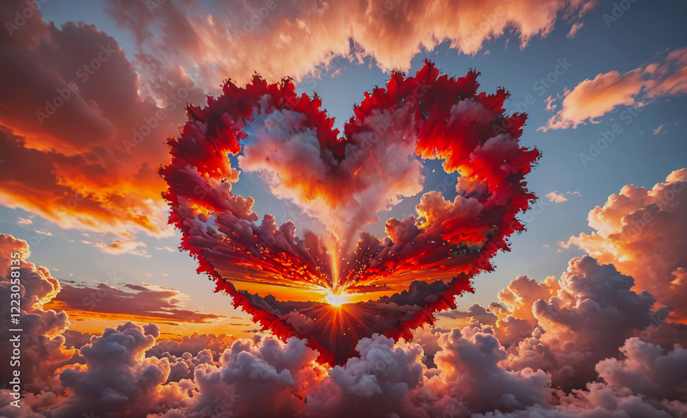 Poster heart is drawn in the sky with clouds and a sun. the heart is surrounded by clouds and the sun is sh