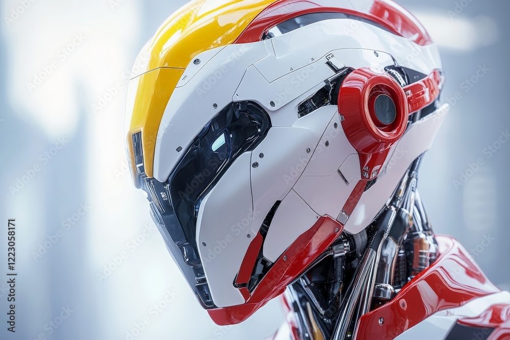 Poster Robot head design showcasing advanced technology with sleek lines and vibrant colors in a futuristic environment