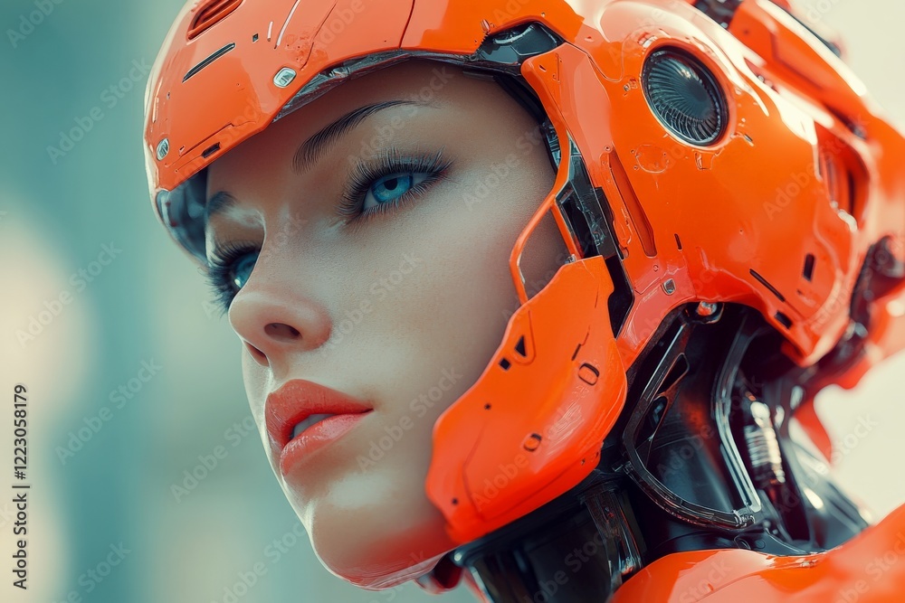 Poster futuristic robotic figure with vibrant orange helmet showcasing advanced technology and sleek design