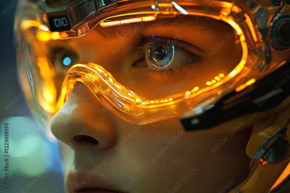 Poster futuristic close-up of a person wearing orange illuminated goggles in a high-tech environment