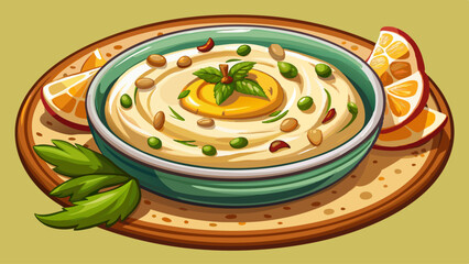 A delightful plate of Lebanese hummus bi tahini, creamy chickpea dip topped with olive oil